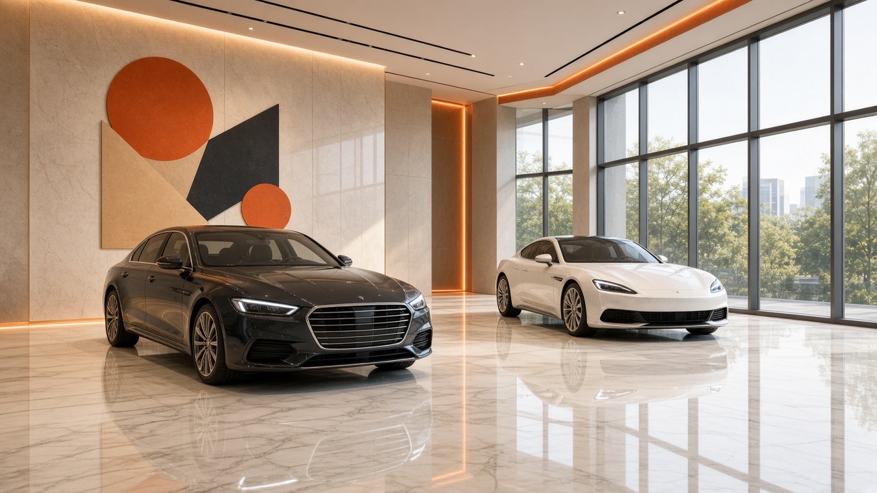 Automobile showroom with vehicles on display