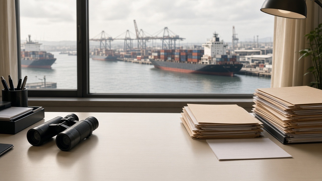 Ship agency desk with folders overlooking cargo vessels at port